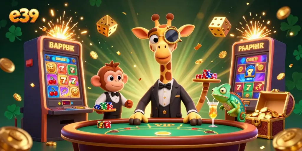 Join the exciting e39 gaming experience with a giraffe, monkey, and chameleon at a vibrant casino.