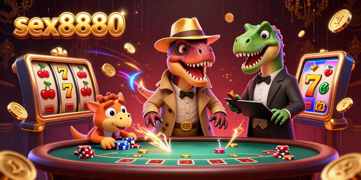 Experience thrilling gameplay at sex8880 with a velociraptor counter at a blackjack table surrounded by slots and neon accents.
