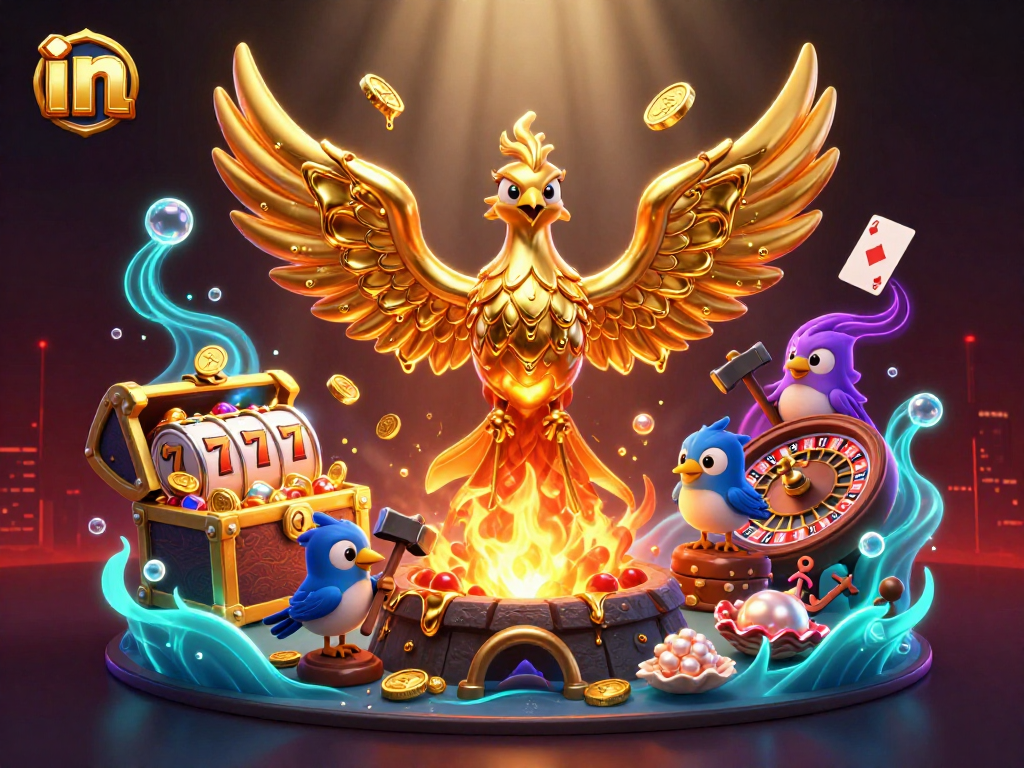 Engage in thrilling gameplay with in vibrant 3D casino elements featuring a golden phoenix and dynamic slot reels