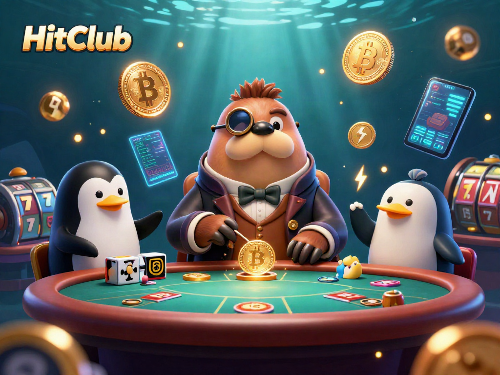 Engage with HitClub at the underwater poker table, featuring vibrant characters and casino elements.