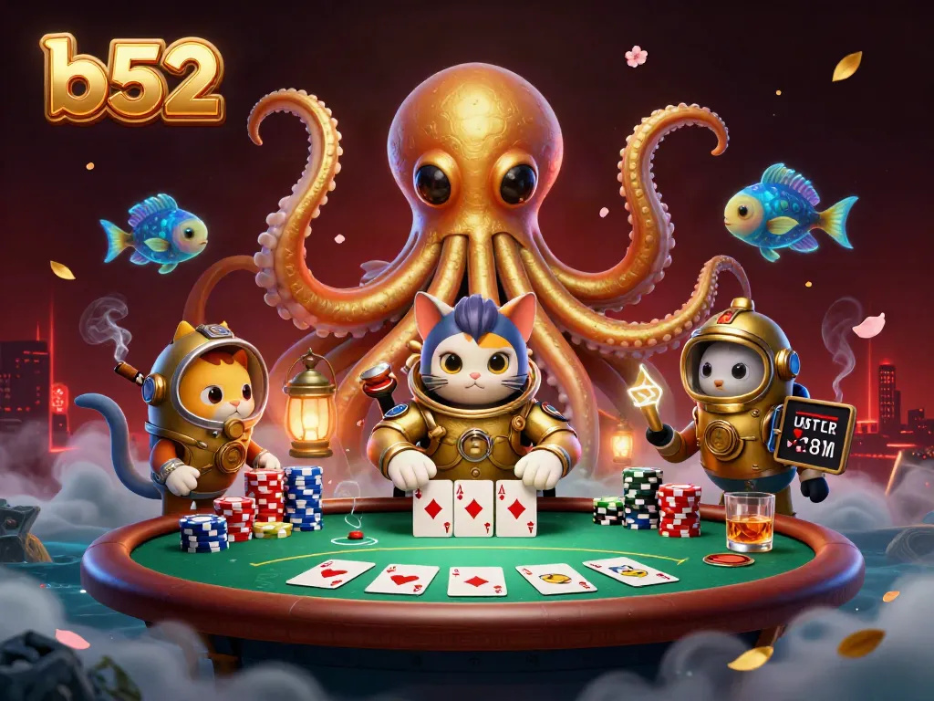 Experience the thrill of b52 gaming with a captivating 3D scene illustrating a kraken and diving cat amidst poker excitement.