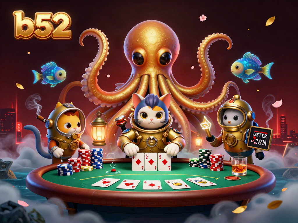 Experience the thrill of b52 gaming with a captivating 3D scene illustrating a kraken and diving cat amidst poker excitement.