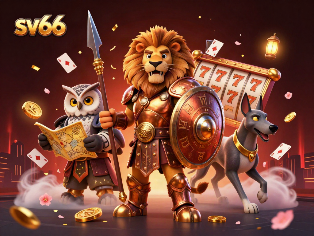 Engage with sv66 gaming featuring a Spartan lion and lucky symbols amidst 3D casino elements.