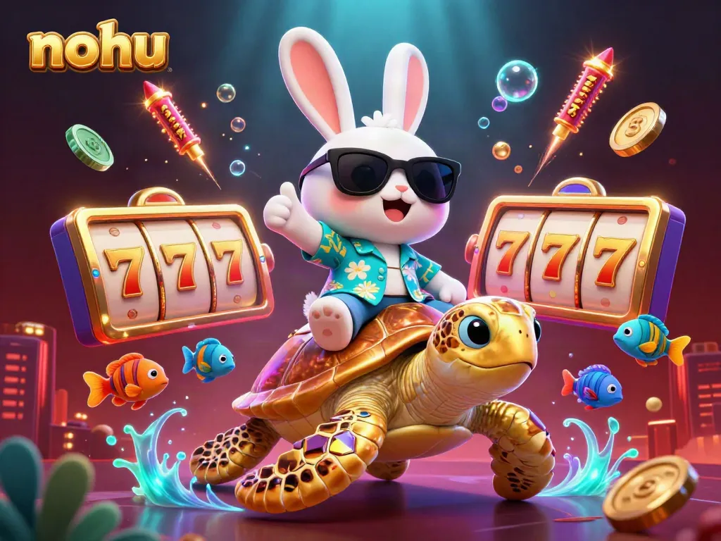 Spin the nohu slot reels for jackpot fun with a lucky rabbit and sea turtle in this vibrant casino scene.