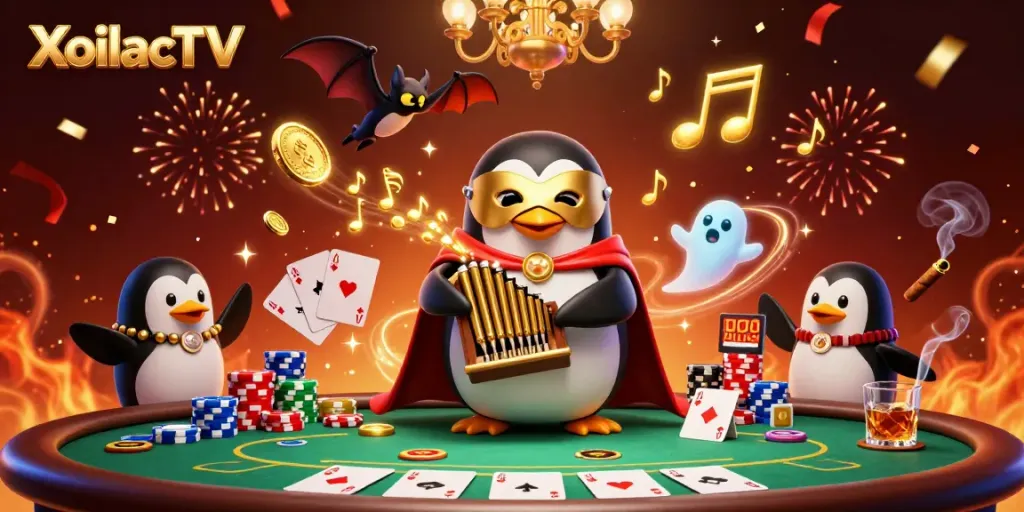 XoilacTV offers an exciting view of a lively gambling scene with a cartoon penguin playing music that generates coins and poker elements.