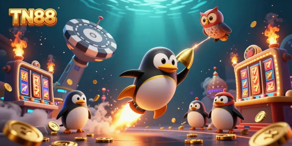 Join the exciting TN88 casino adventure with a golden penguin exploring space!