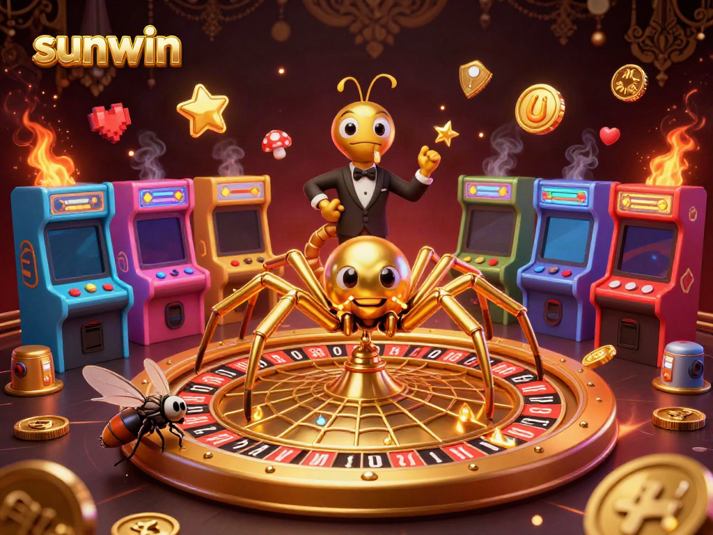 Spin bets at Sunwin's roulette wheel in a vibrant animated casino scene with colorful gaming elements.