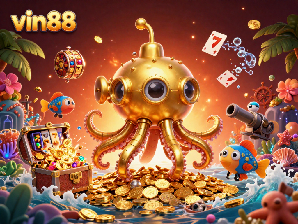 Experience thrilling gameplay with vin88’s casino action featuring golden kraken submarine and floating slot reels.