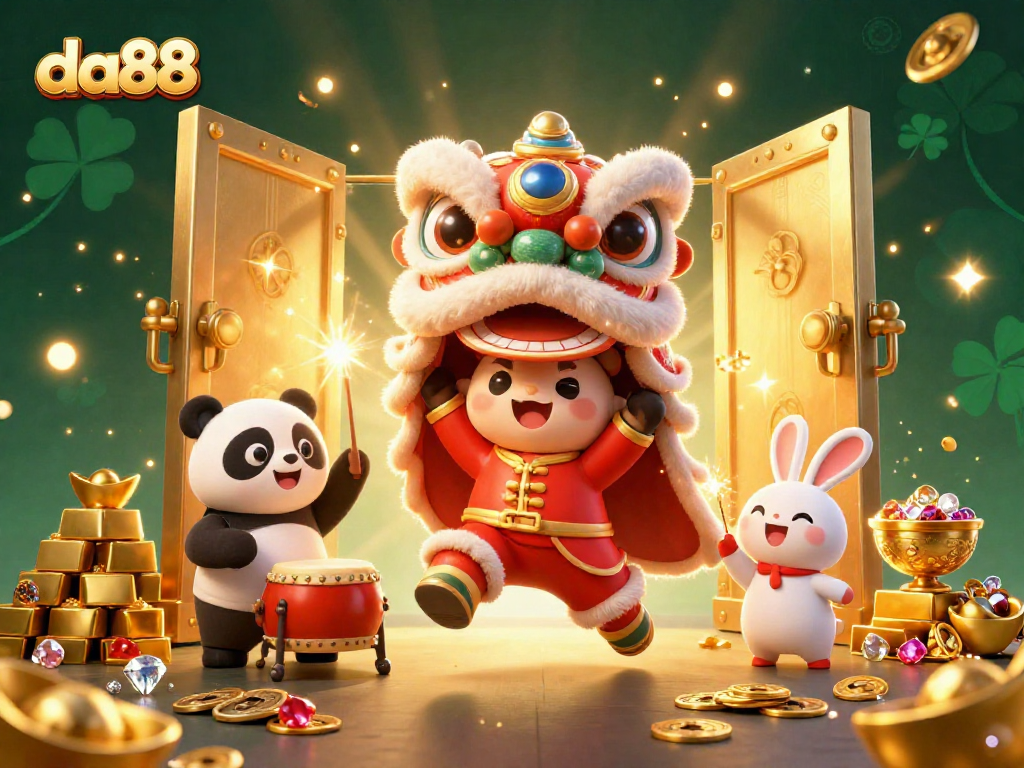 Experience the excitement of da88 with a vibrant 3D illustration of a lion dance and treasures.
