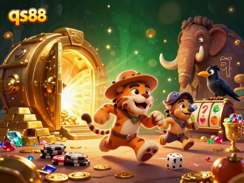 Spin the reels at qs88 with a lively 3D prehistoric casino scene featuring a playful caveman and sabertooth tiger.