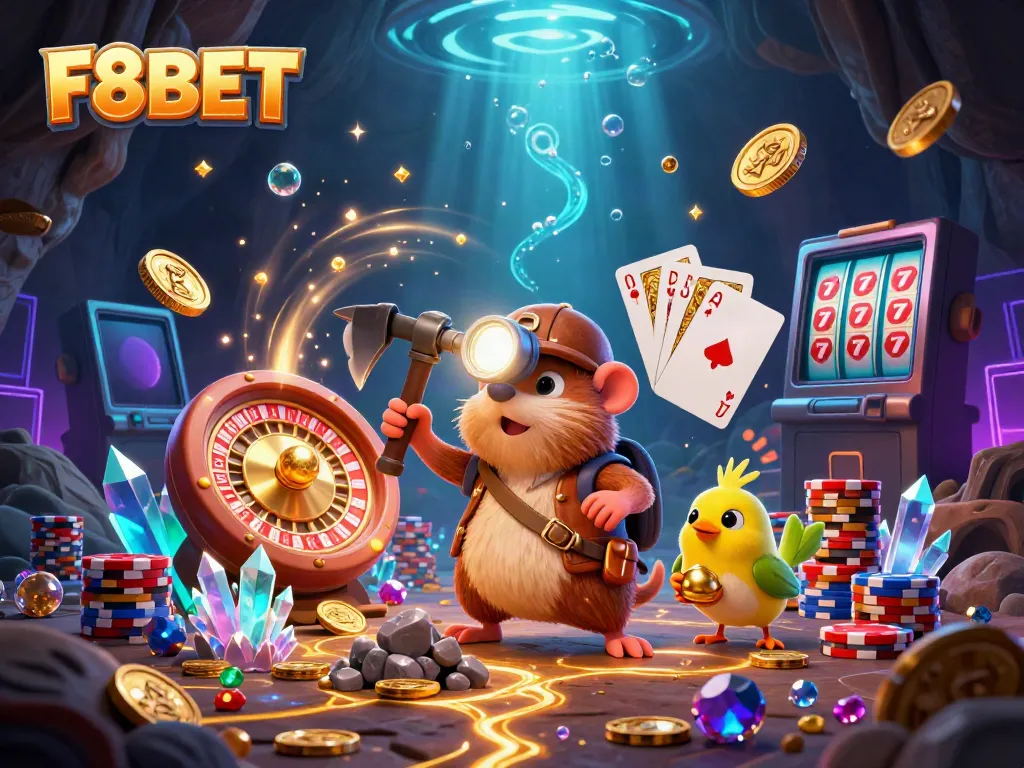 Experience thrilling gambling adventures with F8BET featuring a treasure hunter and vibrant casino elements.