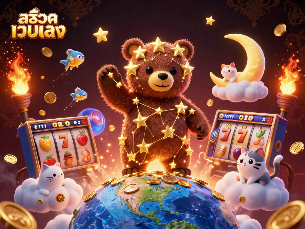Engage with สล็อตเว็บตรง interactive slots experience featuring a constellation bear and vivid game elements.