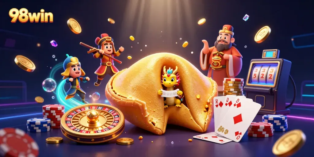Experience thrilling gameplay at 98win with golden coins and sparkling gems in a vibrant casino scene.