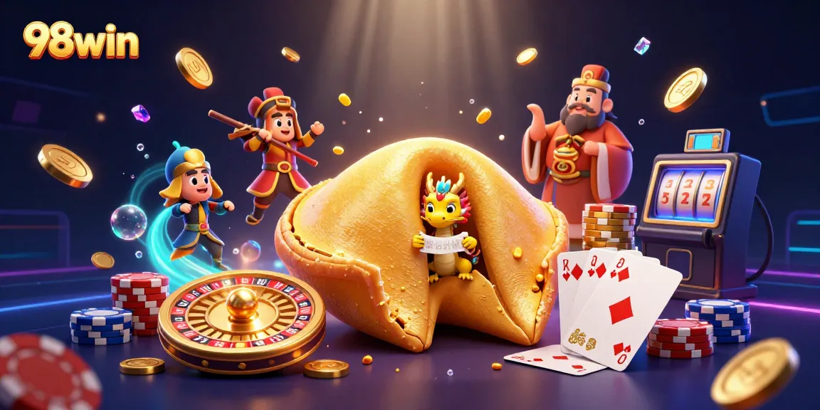 Experience thrilling gameplay at 98win with golden coins and sparkling gems in a vibrant casino scene.