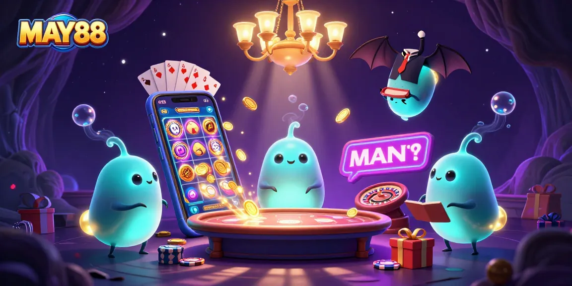 MAY88 glowworms illuminate a vibrant cave casino scene featuring a bat dealer and dynamic game elements.