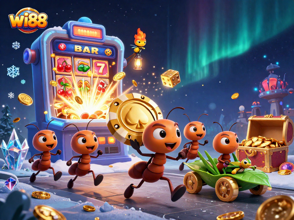 Join a playful heist in wi88's world with ants carrying a giant poker chip amidst a jackpot explosion.