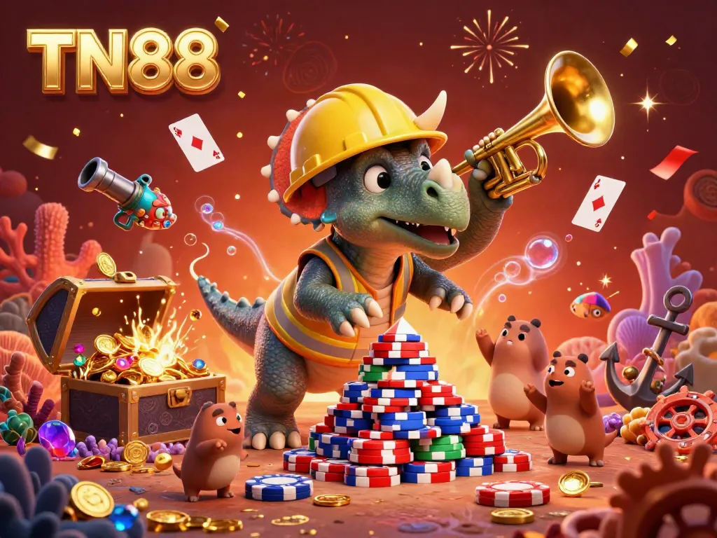 Experience the thrilling world of TN88 gaming with cheerful dinosaurs celebrating amid poker chips and underwater treasures.