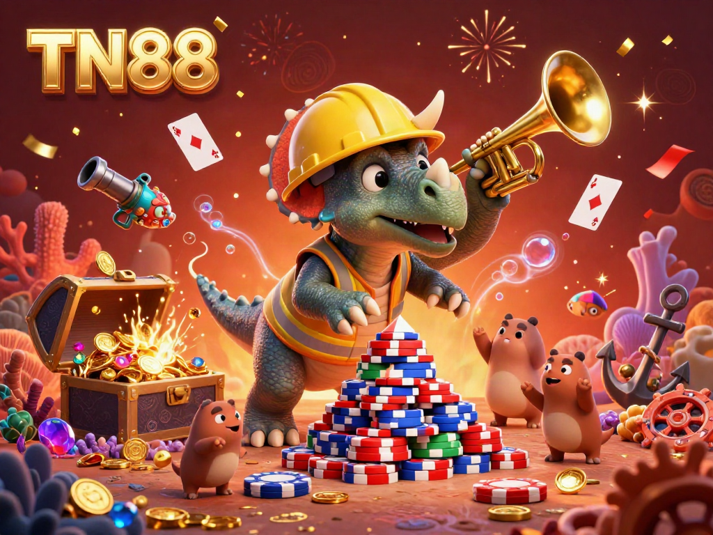 Experience the thrilling world of TN88 gaming with cheerful dinosaurs celebrating amid poker chips and underwater treasures.