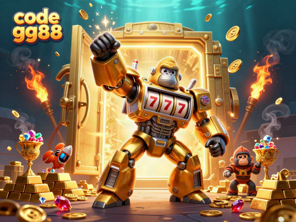 Experience the excitement of code gg88 with a vibrant 3D scene featuring a golden gorilla mech amidst piles of treasure.