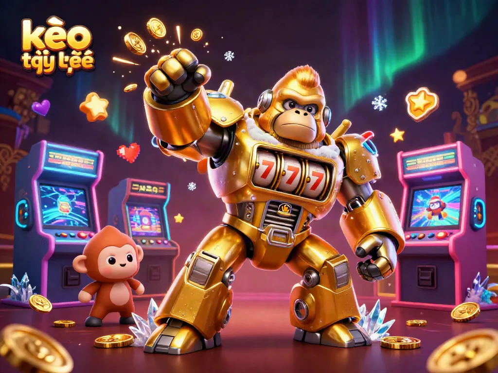 Experience kèo trực tuyến with a dynamic 3D scene featuring a golden gorilla mech and casino elements.