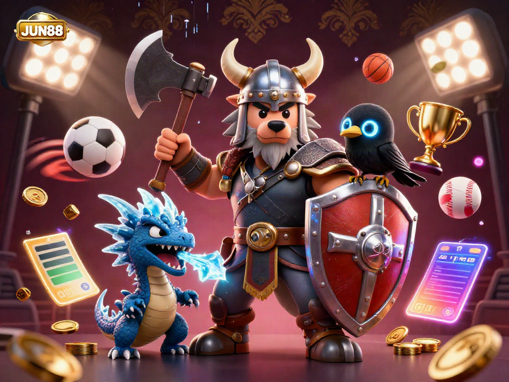 Engage with JUN88's dynamic betting environment featuring a Viking wolf warrior and lively sports elements in a rich 3D illustration.
