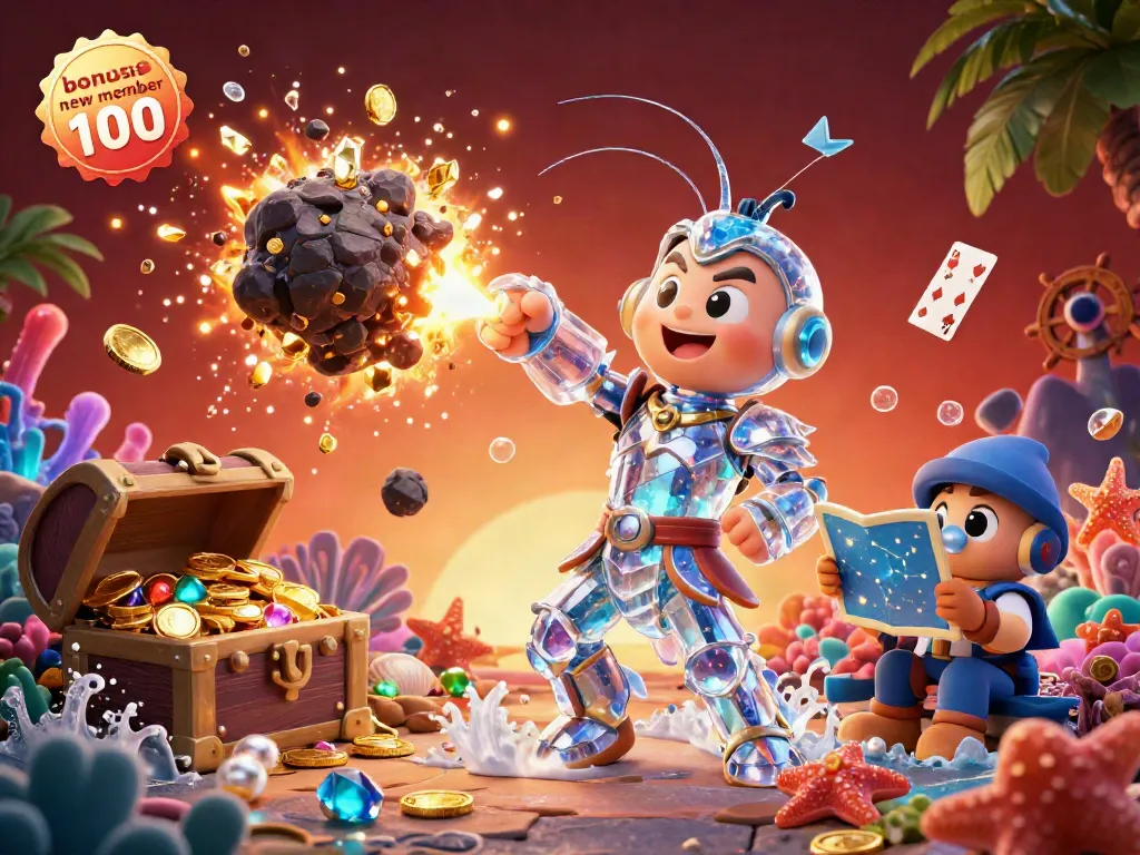 Unleashing excitement with bonus new member 100 in vibrant 3D casino-themed illustration.