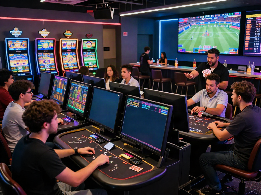 Players engaged in exciting online gaming at DEBET casino environment with vibrant LED lights.
