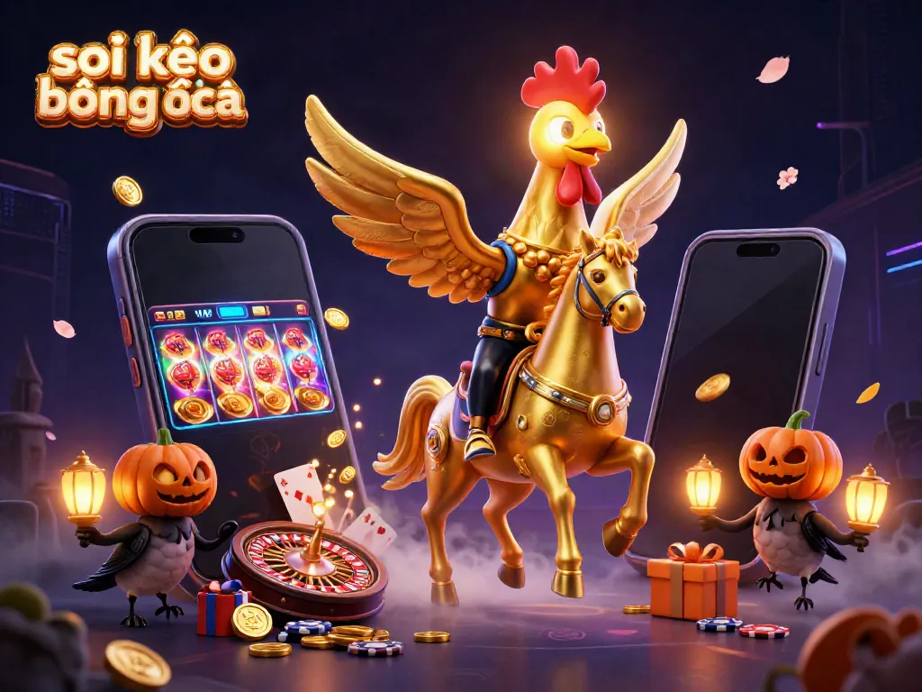 Soi kèo bóng đá online showcases a vibrant casino scene with a golden rooster and mystical elements.