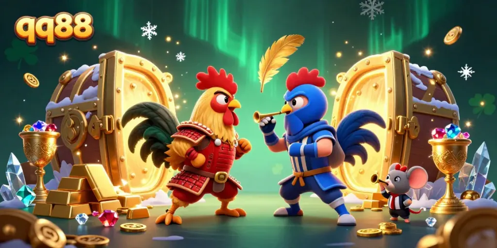 Engage in thrilling cockfighting action with qq88 as samurai and ninja roosters clash in a treasure-filled arena