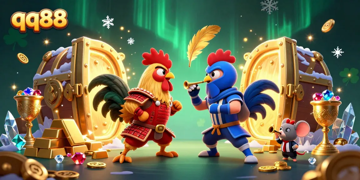 Engage in thrilling cockfighting action with qq88 as samurai and ninja roosters clash in a treasure-filled arena