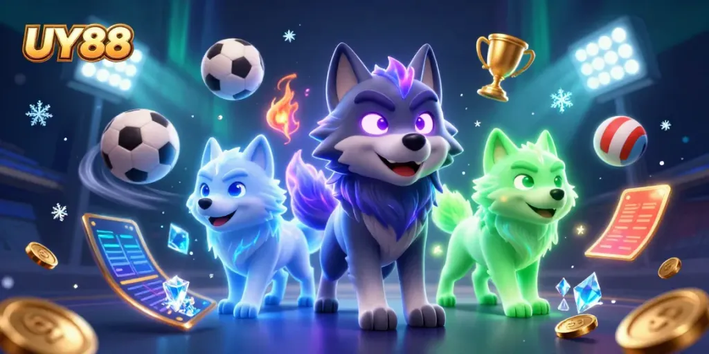 Bet on UY88 with a dynamic scene of ghostly wolves and sports elements in a vibrant casino atmosphere.