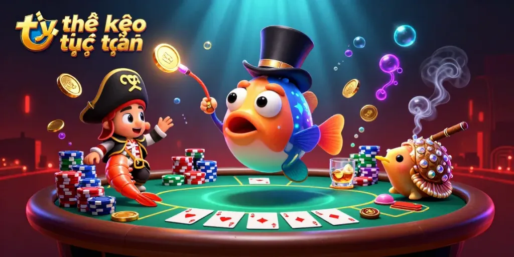 Play and win with tỷ lệ kèo trực tuyến in an exciting poker scene featuring colorful characters and vibrant casino elements.