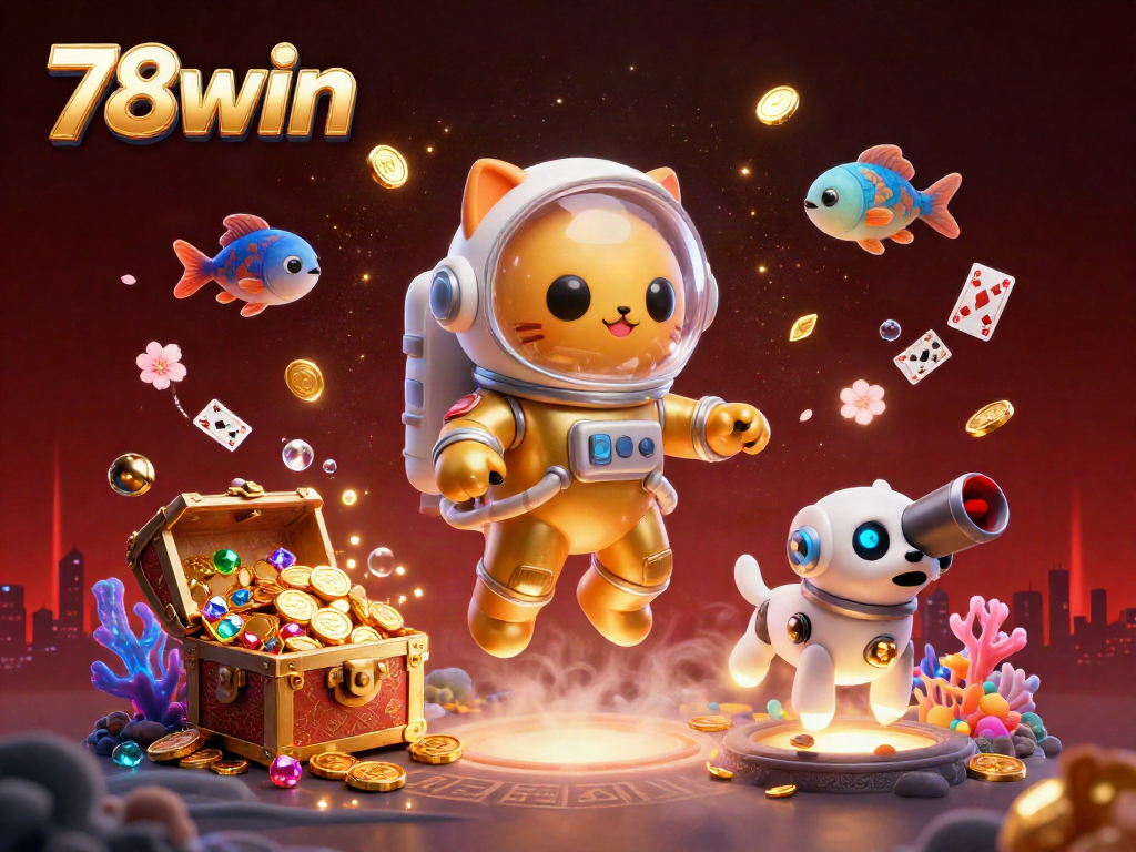 Experience the excitement of 78win with a captivating 3D rendering showcasing casino elements and characters.