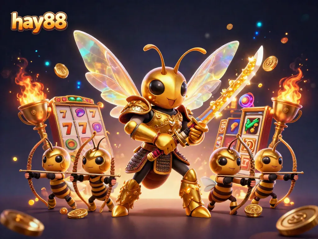 Experience exciting gameplay at hay88 with a dynamic scene featuring a golden hornet samurai, lively slot elements, and vibrant magical effects.