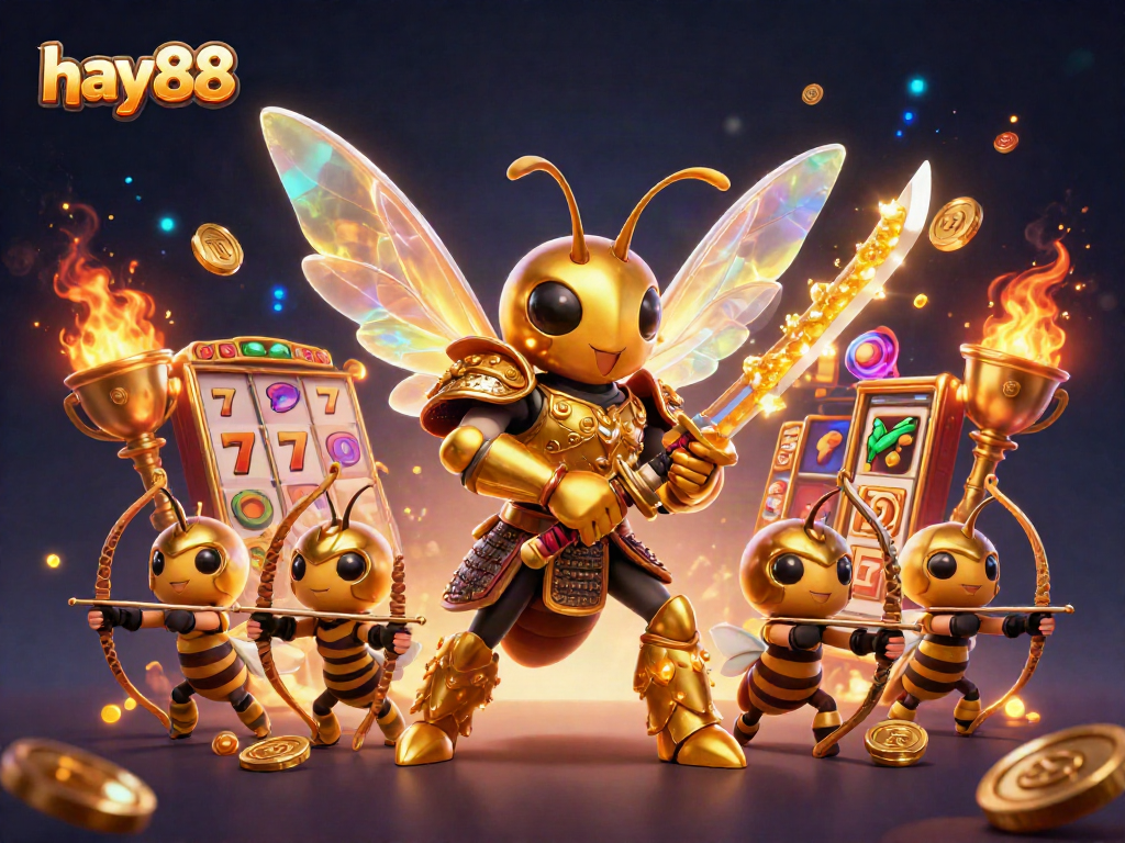 Experience exciting gameplay at hay88 with a dynamic scene featuring a golden hornet samurai, lively slot elements, and vibrant magical effects.