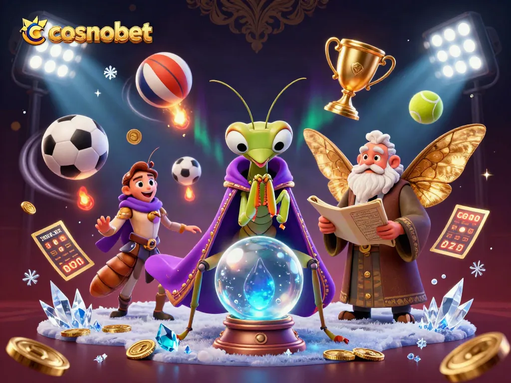 Engage with cosmobet at a vibrant casino scene featuring mystical fortune tellers and sports elements.