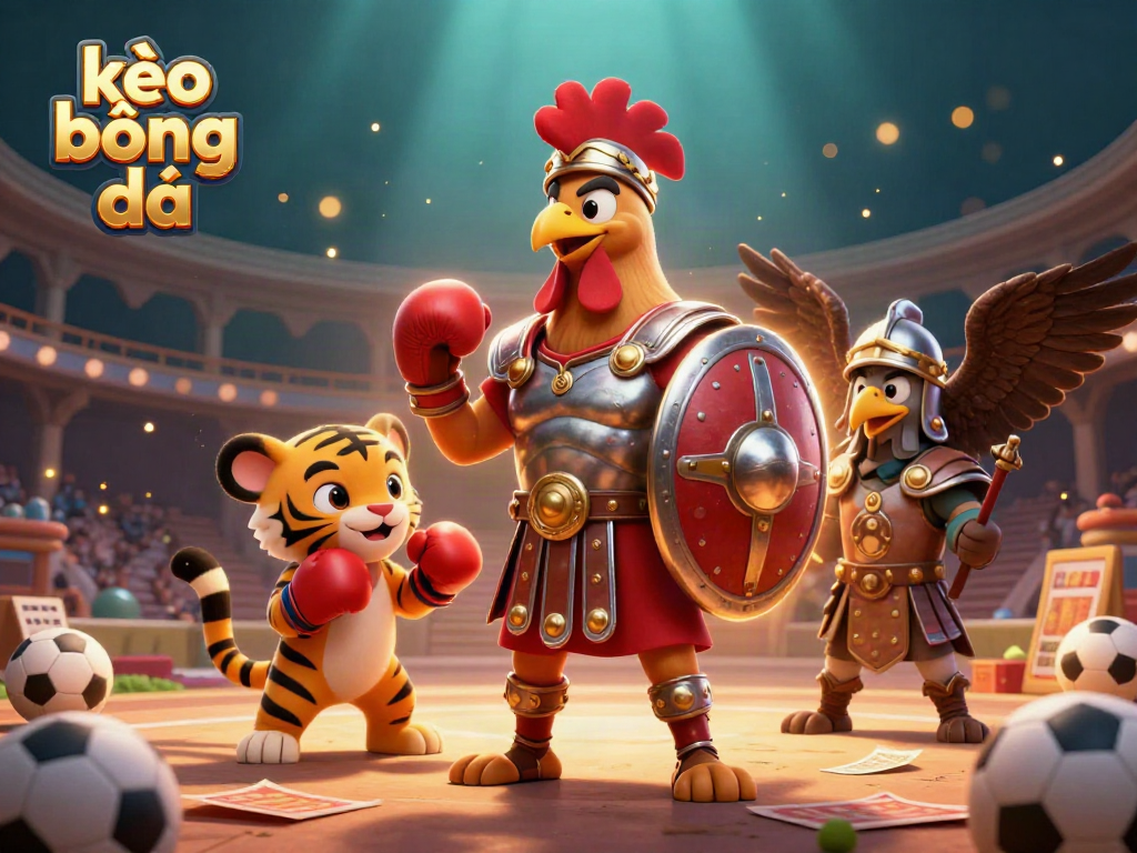 Engaging visual of kèo bóng đá sports betting scene with illustrated characters, betting slips, and sporting elements.