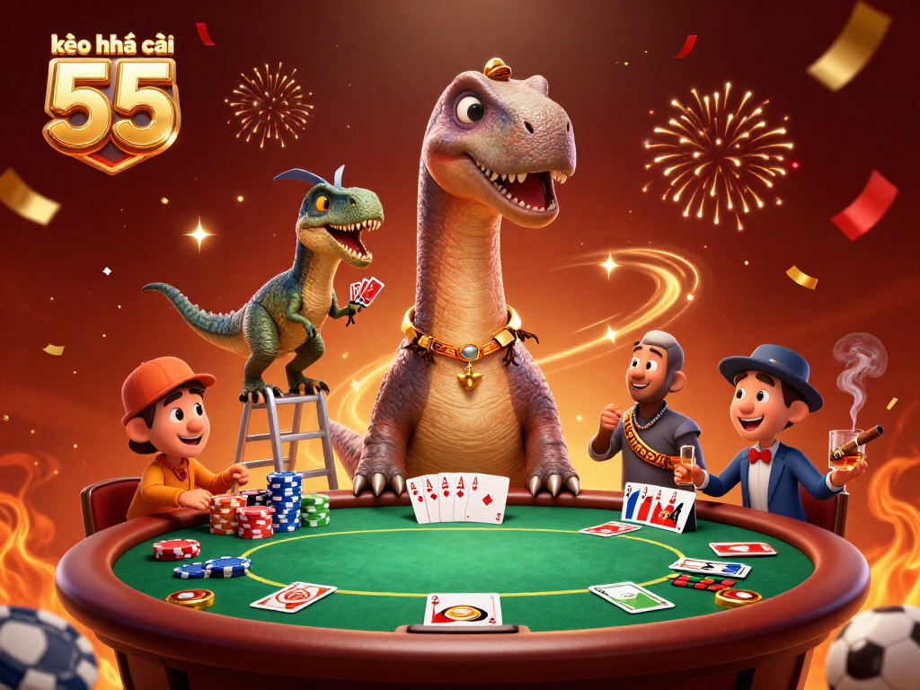 Engage with kèo nhà cái 55 through a vibrant illustration of a quirky 3D casino scene.
