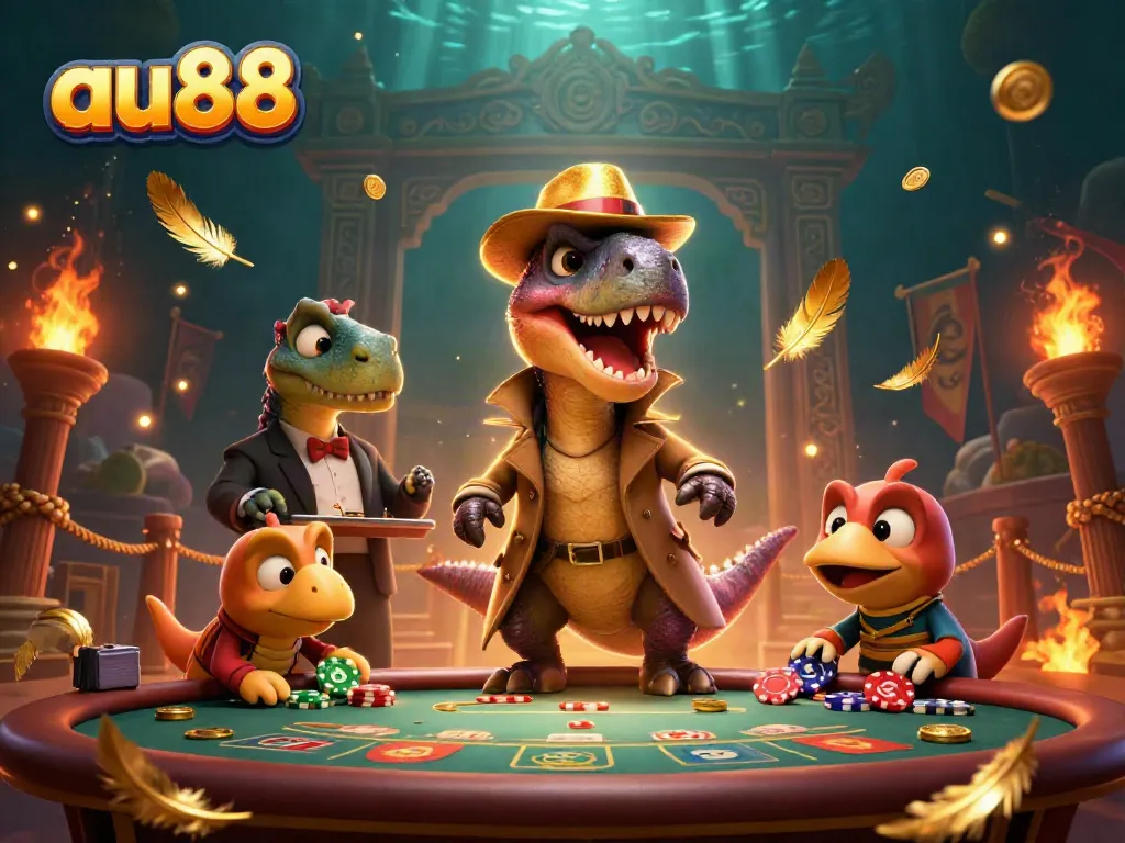 Join the action at au88 with a cartoon velociraptor counter and friends in a high-stakes gambling scene!
