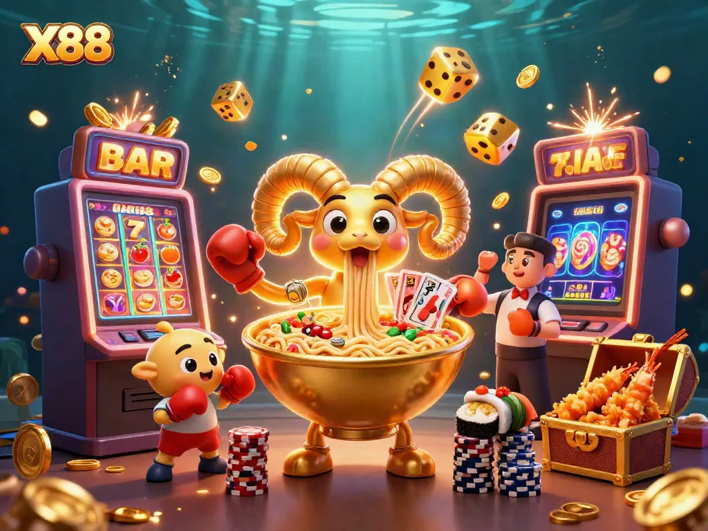 X88 casino characters celebrate a jackpot with colorful elements and vibrant energy.