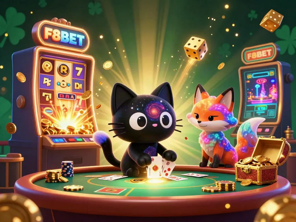Win massive jackpots at F8BET in a captivating casino scene with stunning visuals and vibrant characters.