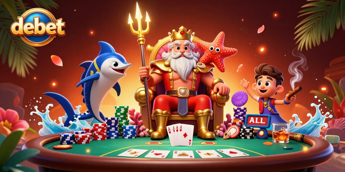 Join the debet poker action with Neptune and friends in a vibrant underwater casino scene.