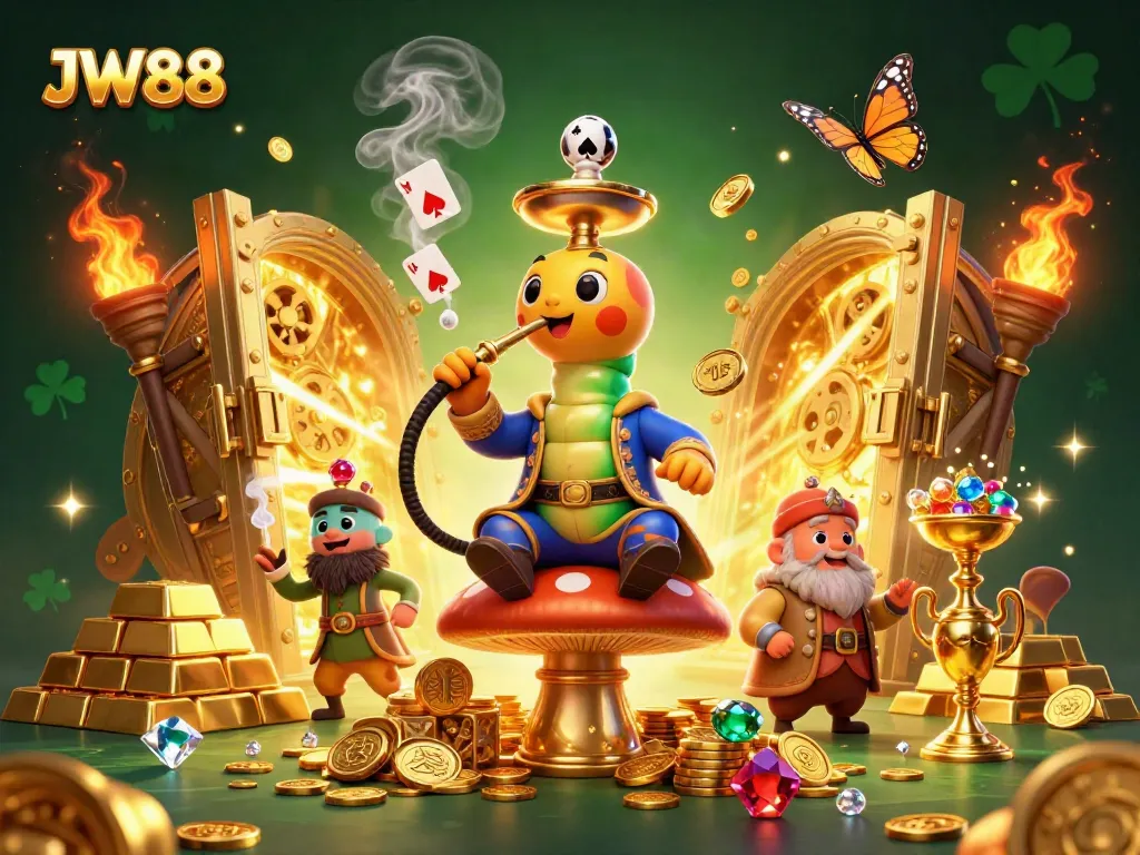 Experience thrilling games with JW88, featuring vibrant poker symbols and gold treasures in a fantasy casino setting.