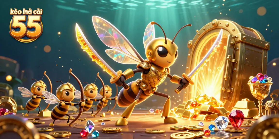 Engaging scene showcasing kèo nhà cái 55 with a golden hornet samurai, treasure vault, and vibrant casino elements.