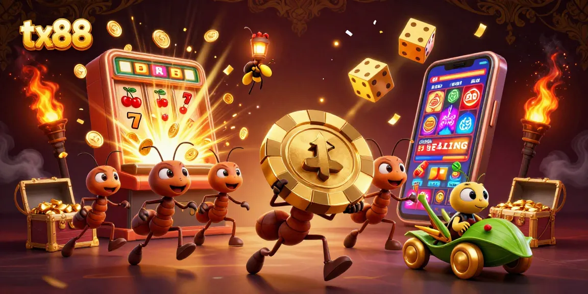 Engaging tx88 illustration of ants heisting a giant poker chip amidst vibrant casino elements, emphasizing excitement.