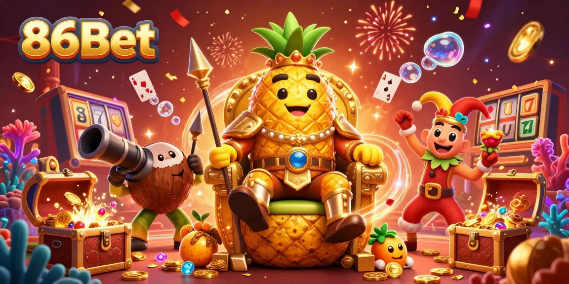 Engage in thrilling gameplay with the vibrant 86Bet casino scene featuring a pineapple king and dynamic casino elements.