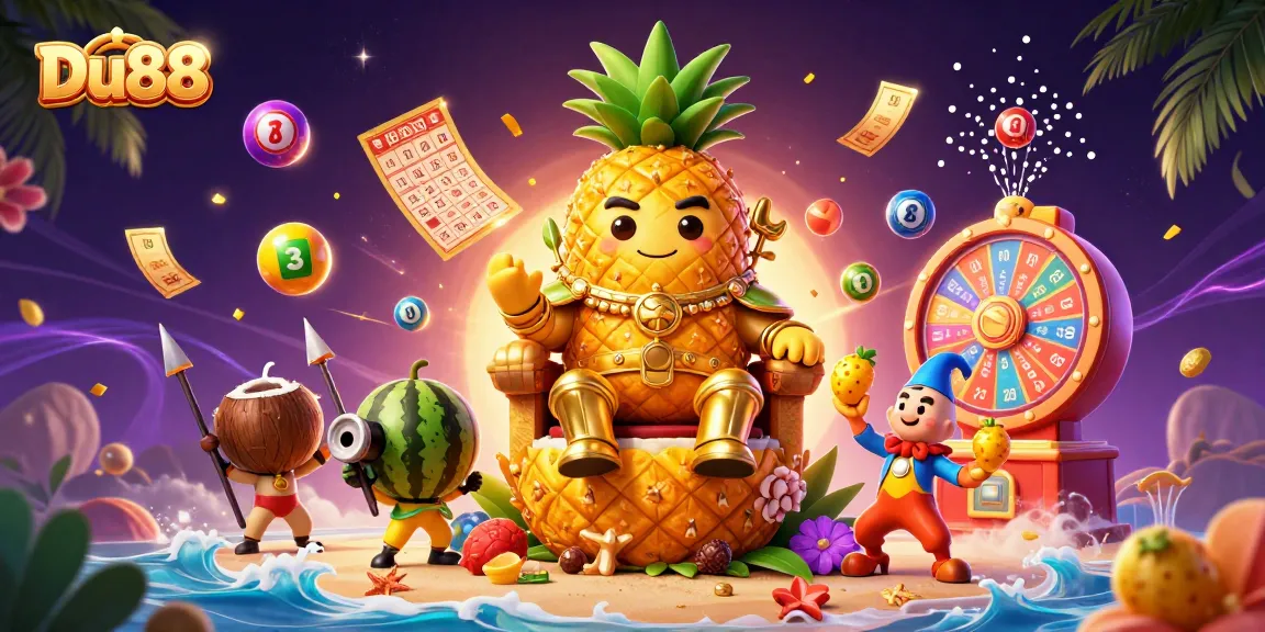 Engage in exciting gameplay with Du88 as the golden pineapple king and friends bring the casino vibe.