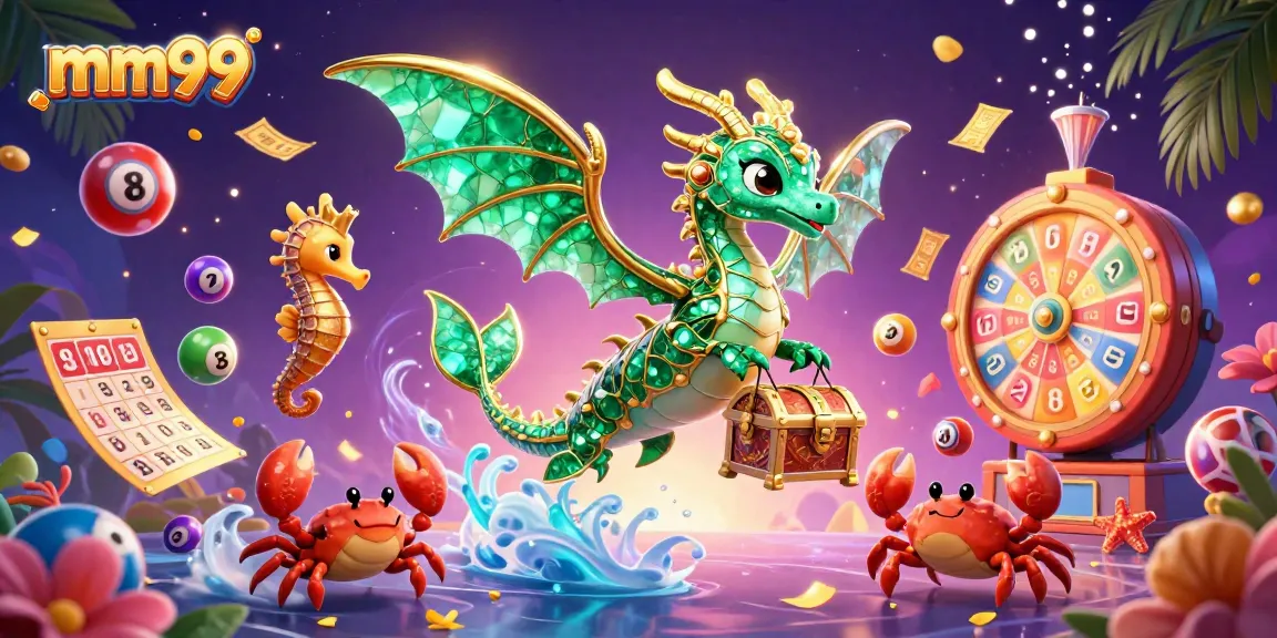 Experience the excitement of mm99 with emerald sea dragons and vibrant lottery elements in a dynamic scene.
