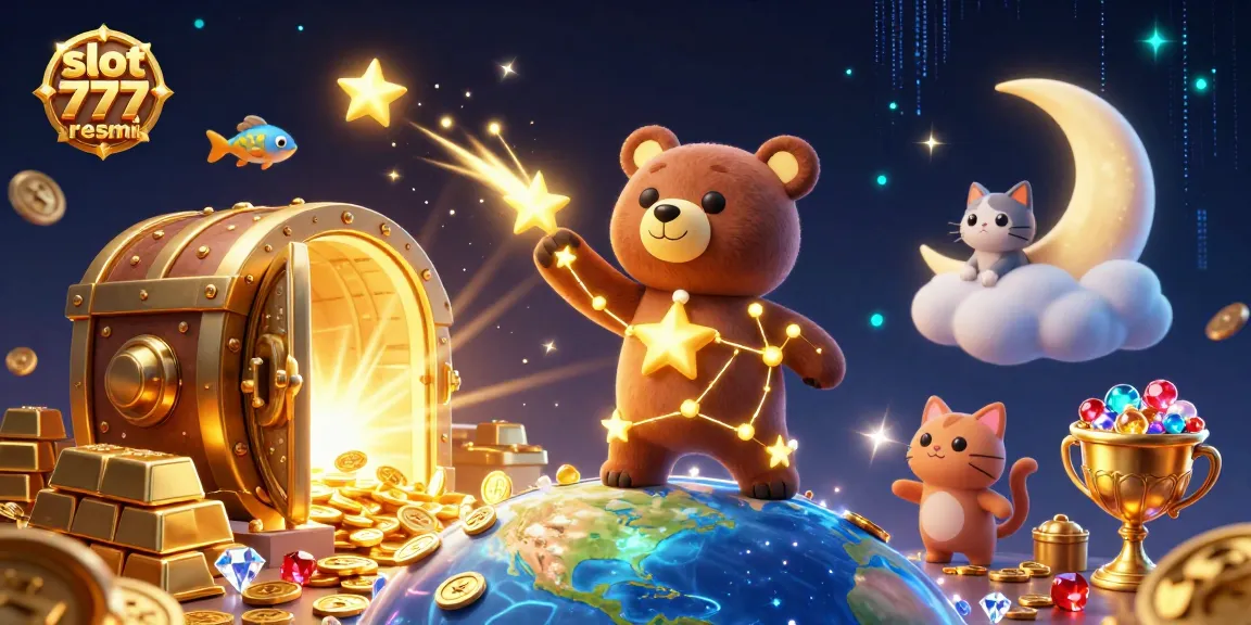 Experience excitement with slot 777 resmi as the constellation bear collects coins amid dazzling treasures.