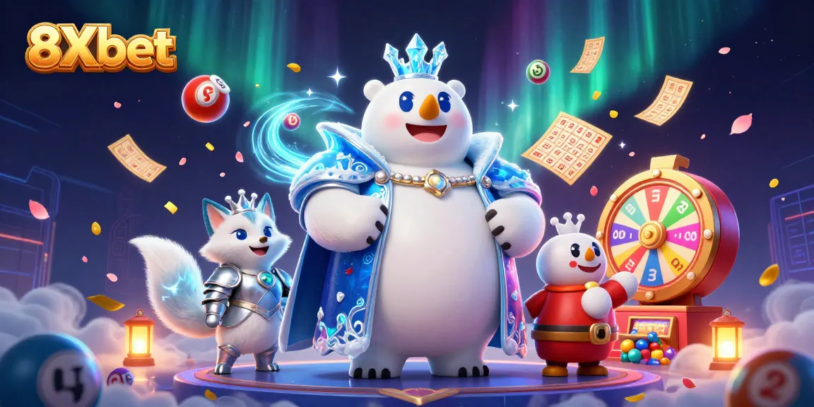 Experience gaming excitement with 8Xbet as colorful lottery elements and a polar bear king enrich the scene.